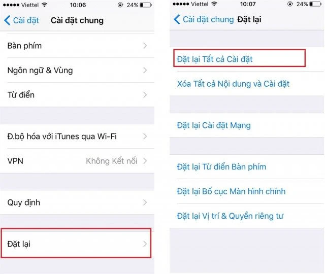 Đặt lại các thiết lập trong cài đặt khi iPhone mất rung