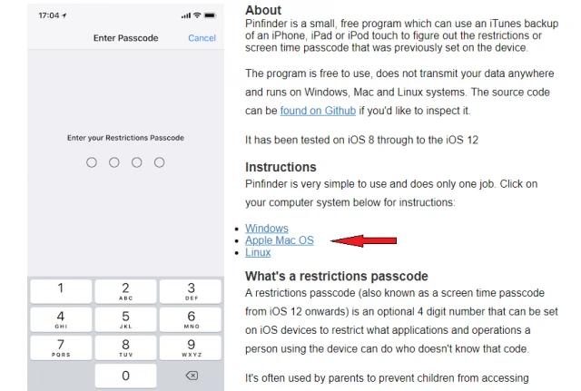 Sử dụng Pinfinder lấy lại mật khẩu giới hạn ios 12