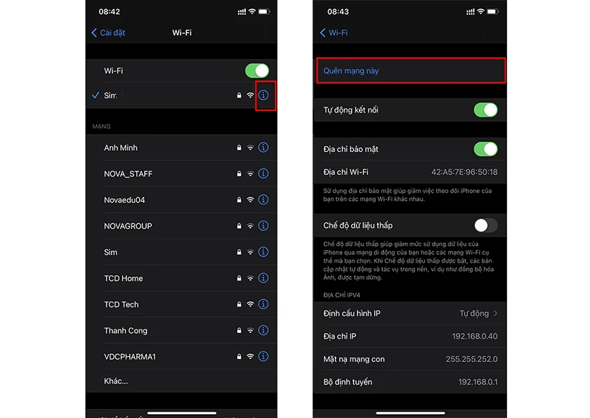 Quên mạng wifi và kết nối lại iPhone với wifi