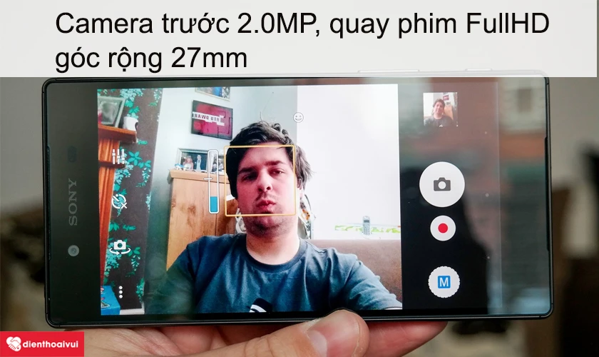 Camera trước 2.0MP, góc rộng 27mm, quay phim FullHD