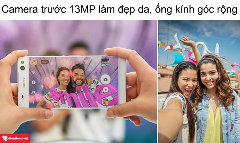Camera trước 13 MP làm đẹp da, ống kính góc rộng