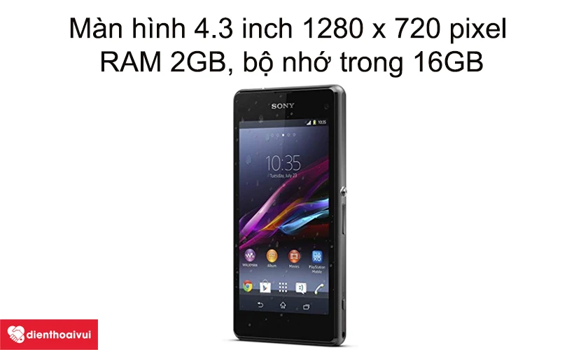 M&agrave;n h&igrave;nh 4.3 inch (1280 x 720 pixel), RAM 2GB, bộ nhớ trong 16GB