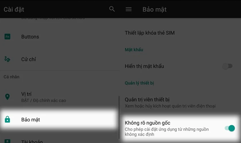 C&agrave;i đặt > Bảo mật > Kh&ocirc;ng rõ ngu&ocirc;̀n g&ocirc;́c