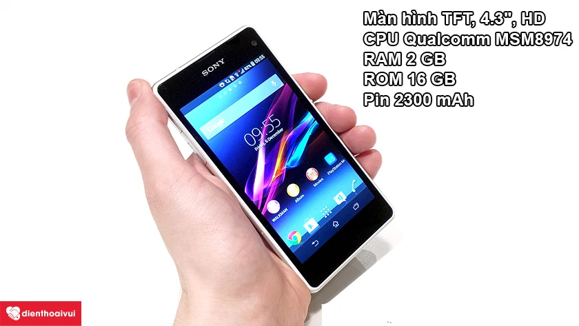 dung lượng pin 2300 mAh, chiếc Xperia Z1 Compact nổi bật với thời lượng pin kh&aacute; ổn, thời gian gọi li&ecirc;n tục khoảng 10 giờ