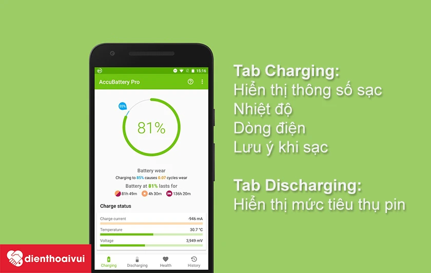 Với AccuBattery, ở tab Charging, bạn sẽ được hướng dẫn c&aacute;ch sạc pin đến 80% để c&oacute; thể tăng tuổi thọ pin