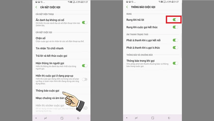 t&ugrave;y chọn&nbsp;Rung khi trả lời&nbsp;v&agrave;&nbsp;Rung khi cuộc gọi kết th&uacute;c