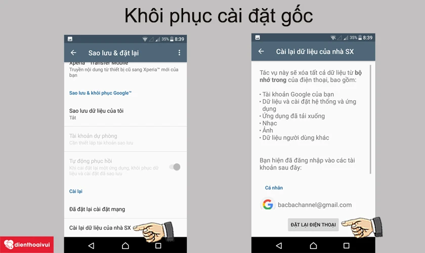 đưa m&aacute;y về chế độ c&agrave;i đặt gốc