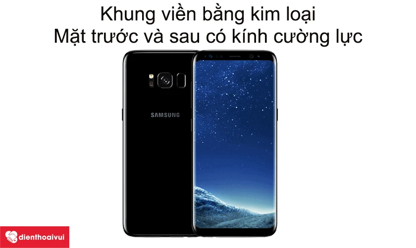 Khung viền bằng kim loại, mặt trước và sau có kính cường lực