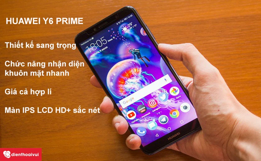 &agrave;n h&igrave;nh Y6 Prime c&oacute; k&iacute;ch thước 5.7 inch với độ ph&acirc;n giải HD+ 16 triệu m&agrave;u