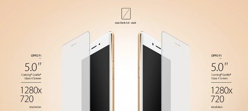 OPPO F1 sở hữu m&agrave;n h&igrave;nh c&oacute; k&iacute;ch thước 5 inches c&ugrave;ng độ ph&acirc;n giải HD