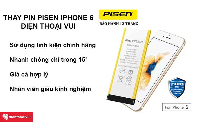 Thay pin iPhone 6 dung lượng cao ch&iacute;nh h&atilde;ng Pisen gi&aacute; rẻ tại Điện Thoại Vui