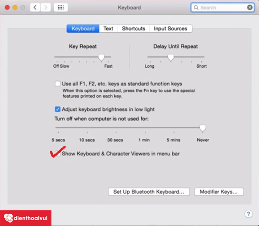 Đ&aacute;nh dấu Show Keyboard & Character Viewers in menu bar