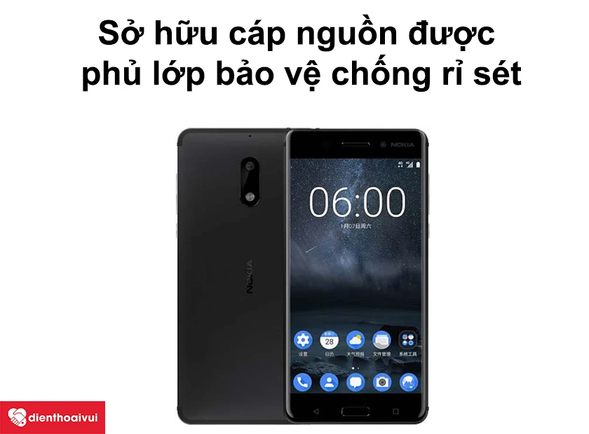 Nokia 5 sở hữu c&aacute;p nguồn được phủ lớp bảo vệ chống rỉ s&eacute;t