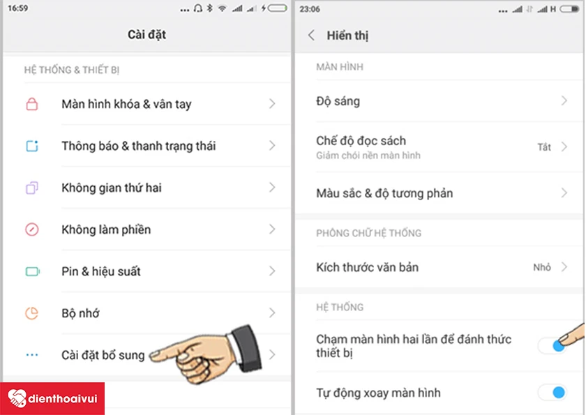 C&agrave;i đặt > Hiển thị > Chạm hai lần để đ&aacute;nh thức thiết bị