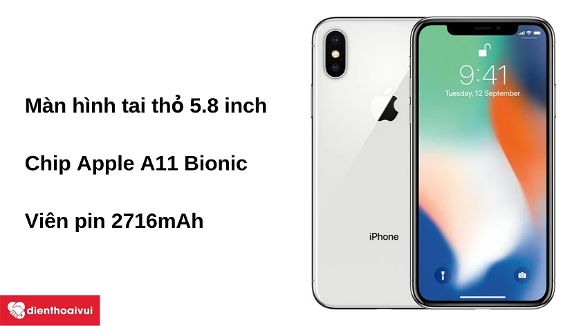Điện thoại iPhone X - thiết kế kim loại, camera k&eacute;p 12MP/12MP, dung lượng pin 2716 mAh