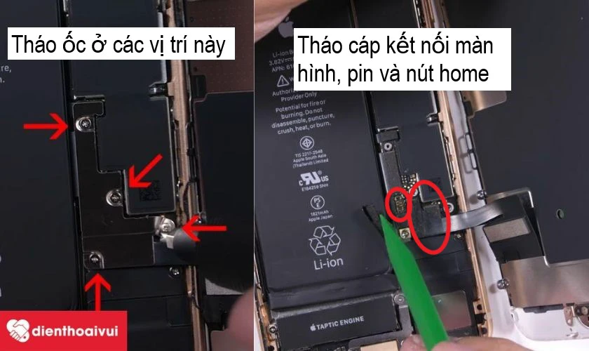 tháo cáp kết nối của pin, màn hình và nút home