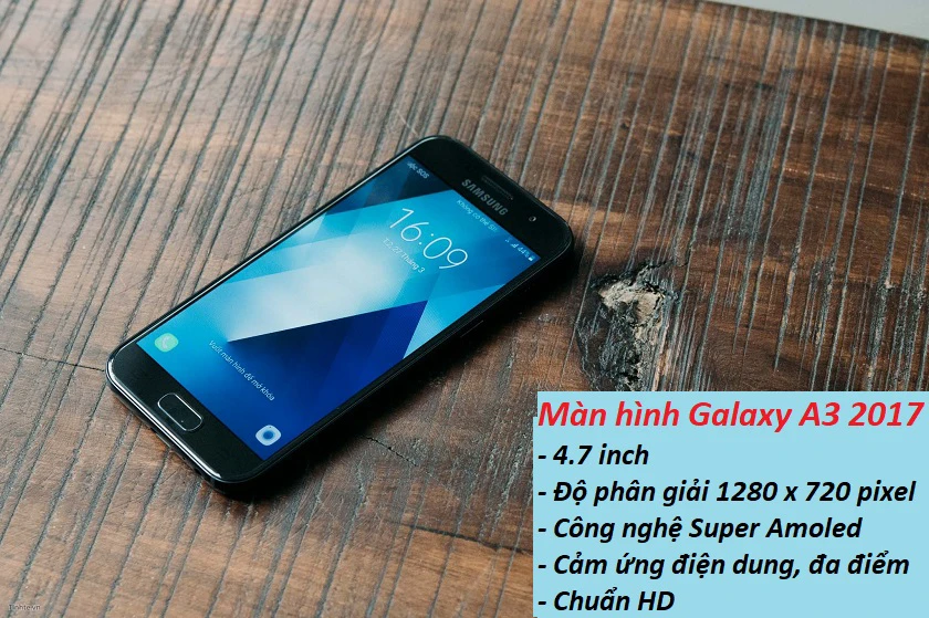 Samsung Galaxy A3 2017 sở hữu m&agrave;n h&igrave;nh 4.7 inch fullHD