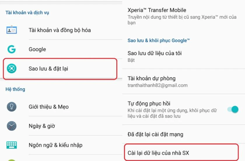 Thiết lập cài đặt gốc