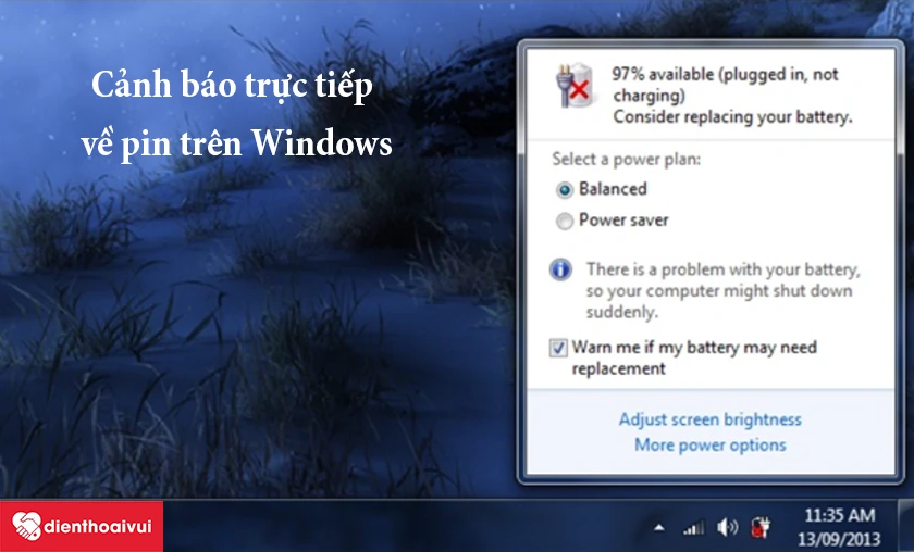 Kiểm tra pin Dell Vostro bằng c&aacute;ch xem cảnh b&aacute;o trực tiếp tr&ecirc;n Windows