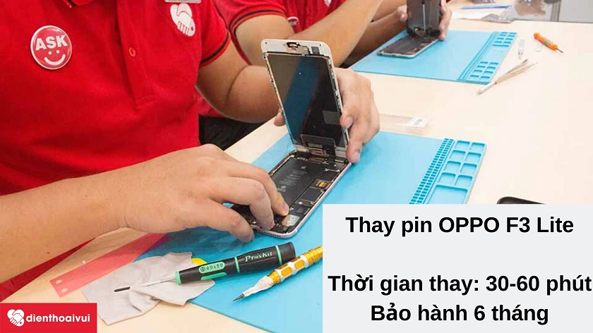 Dịch vụ thay pin Oppo F3 Lite nhanh chóng, giá rẻ, ch&acirc;́t lượng t&ocirc;́t tại Đi&ecirc;̣n Thoại Vui