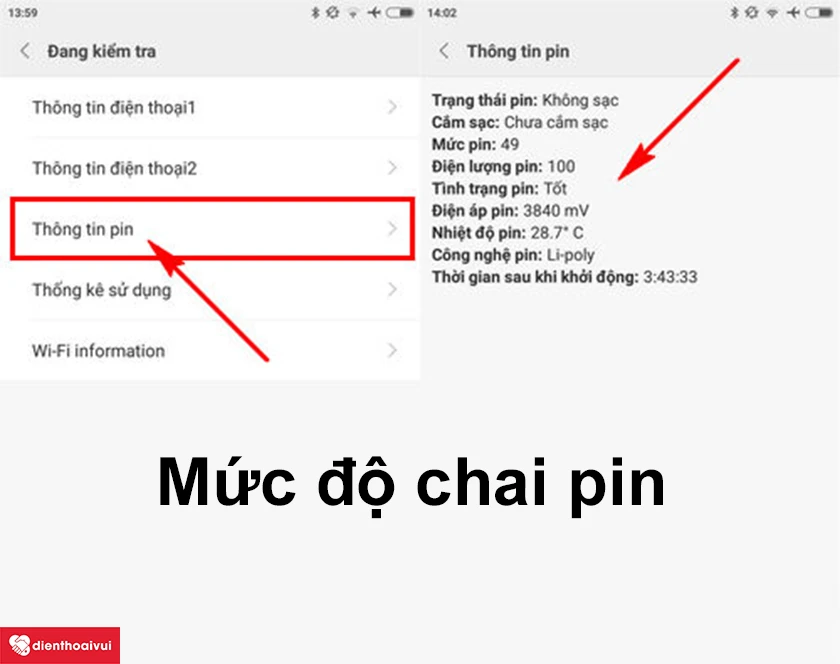 chọn Th&ocirc;ng tin pin để kiểm tra pin Xiaomi trực tiếp