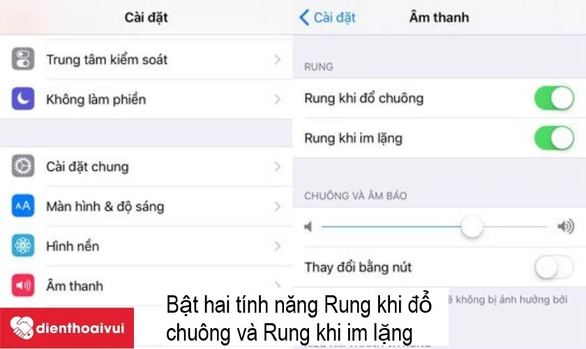bật hai t&iacute;nh năng Rung khi đổ chu&ocirc;ng v&agrave; Rung khi im lặng
