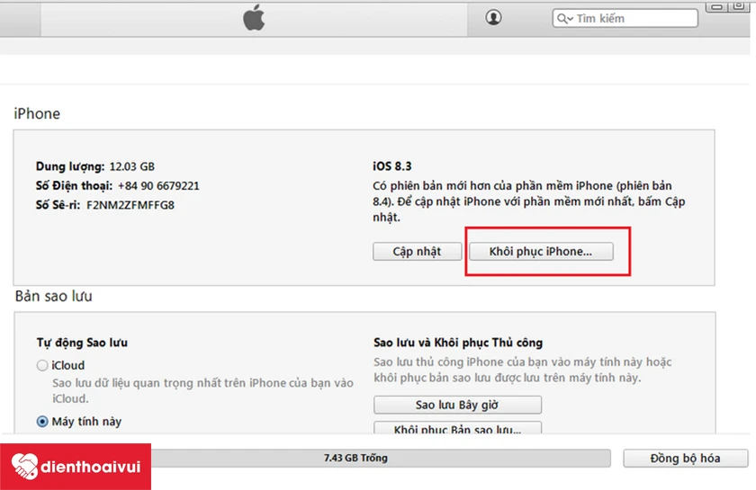 chọn mục Kh&ocirc;i phục iPhone