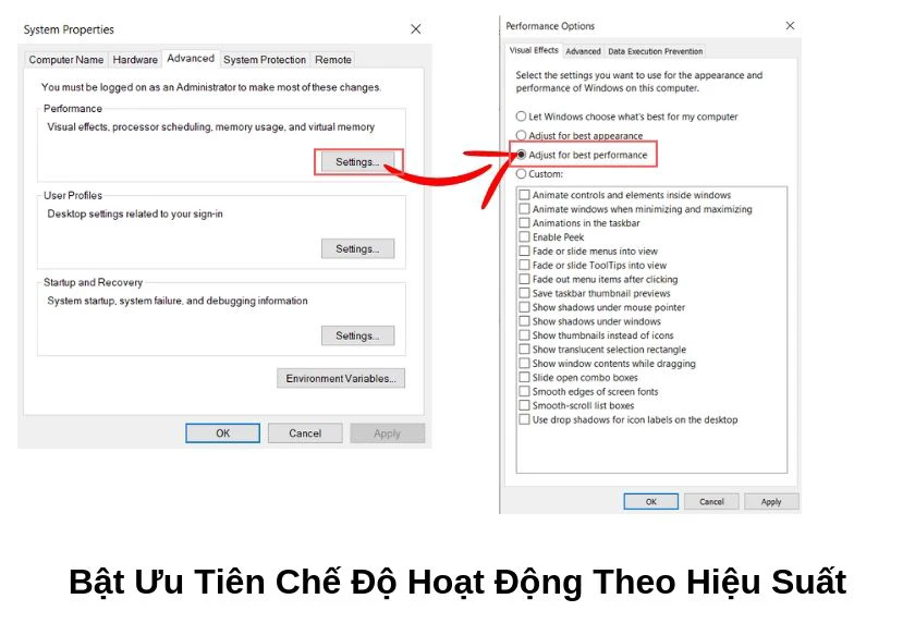 tăng tốc win 10 bằng cách bật chế độ hoạt động theo hiệu suất