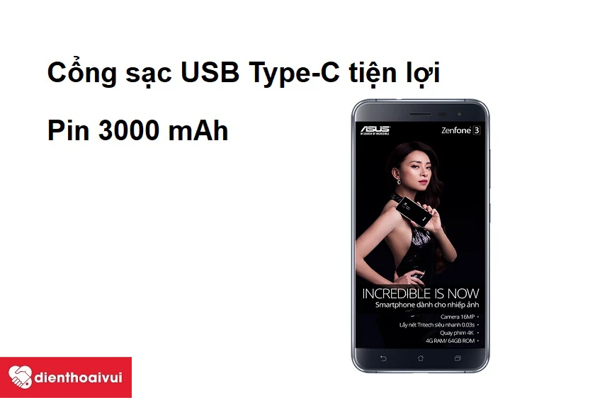 Cổng sạc USB Type-C tiện lợi, dung lượng pin 3000 mAh