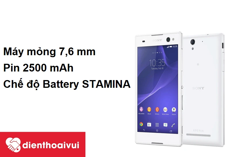 Sony Xperia C3 sở hữu dung lượng pin 2500 mAh, chế độ Battery STAMINA