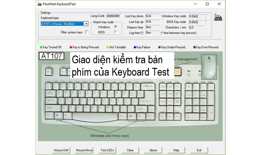 Kiểm tra b&agrave;n ph&iacute;m th&ocirc;ng qua phần mềm KeyboardTest