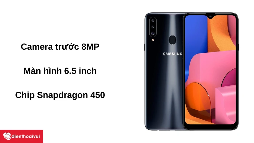 Đi&ecirc;̣n thoại Samsung Galaxy A20s với b&ocirc;̣ ba camera sau 13/8/5MP và camera trước 8MP
