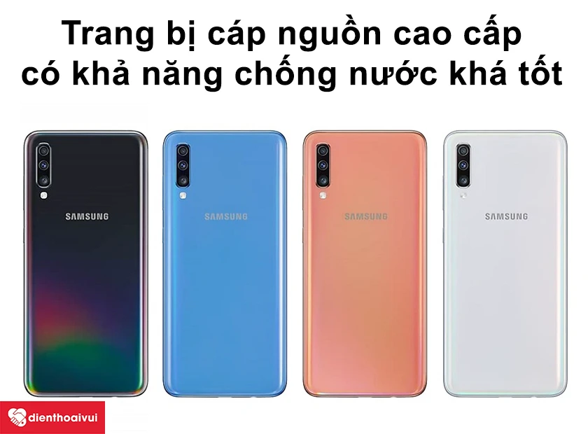 Galaxy A70 trang bị c&aacute;p nguồn cao cấp c&oacute; khả năng chống nước kh&aacute; tốt