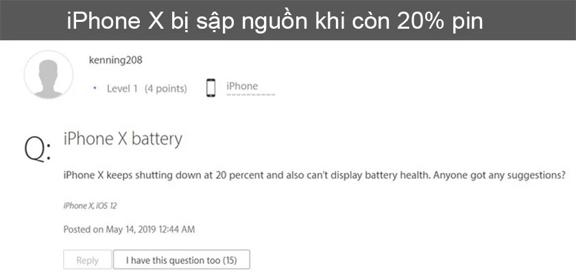 iphone x chai pin m&aacute;y sụp nguồn khi c&ograve;n 20%