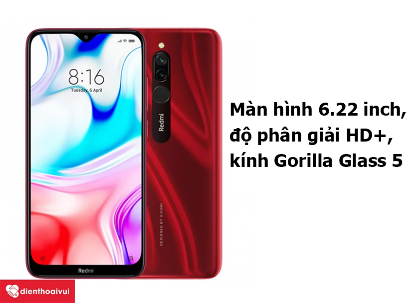 Xiaomi Redmi 8 &ndash; M&agrave;n h&igrave;nh 6.22 inch, độ ph&acirc;n giải HD+, k&iacute;nh Gorilla Glass 5