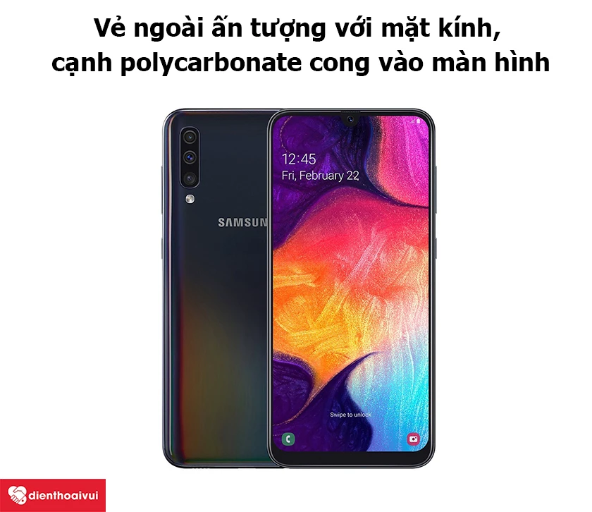 Samsung Galaxy A50 &ndash; Vẻ ngo&agrave;i ấn tượng với mặt k&iacute;nh, c&ugrave;ng cạnh polycarbonate cong v&agrave;o m&agrave;n h&igrave;nh