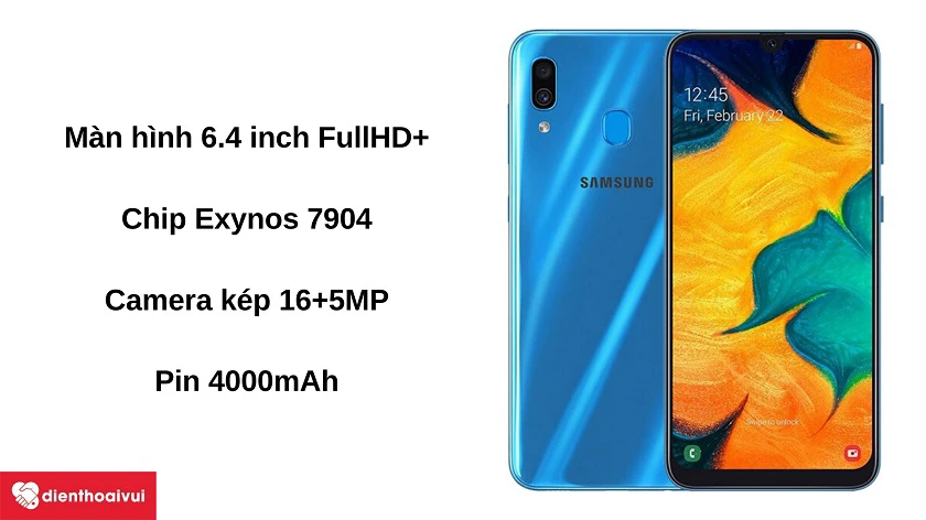 Đi&ecirc;̣n thoại Samsung Galaxy A30 - Màn hình 6.4 inch, camera kép 16+5MP, pin 4000mAh