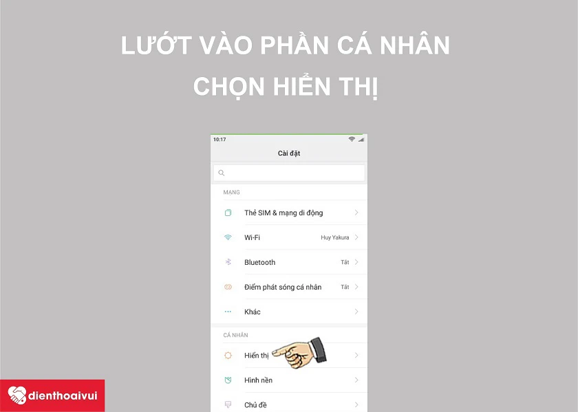 Lướt xuống phần Cá nhân, chọn Hiển thị trong phần cài đặt của điện thoại Xiaomi Black Shark