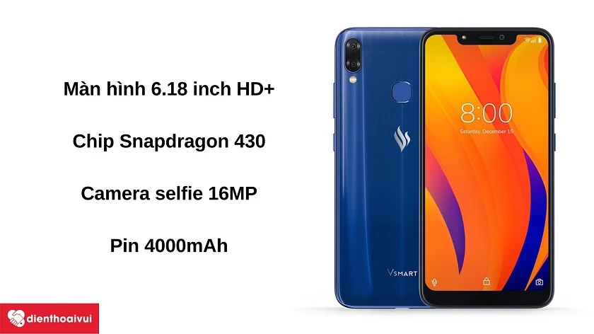Điện thoại Vsmart Joy 1 Plus - Màn hình 6.18 inch, camera selfie 16MP, chip Snapdragon 430, pin 4000mAh
