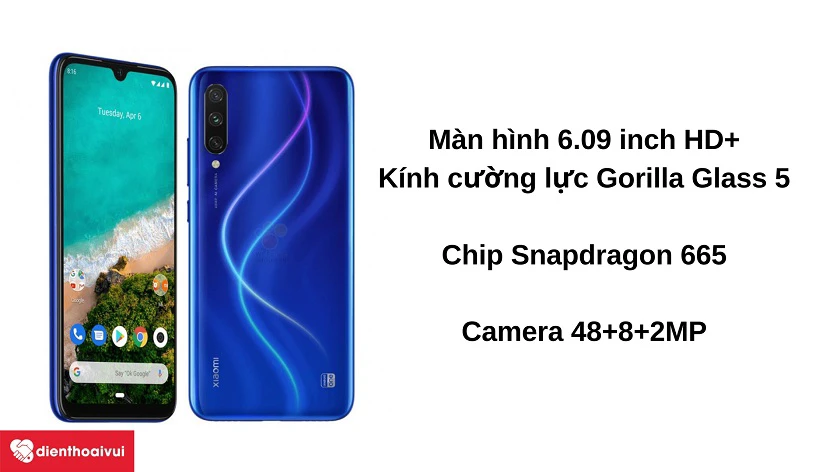 Điện thoại Xiaomi Mi A3 - Màn hình 6.09 inch HD+, chip Snapdragon 665, camera 48MP, pin 4030mAh