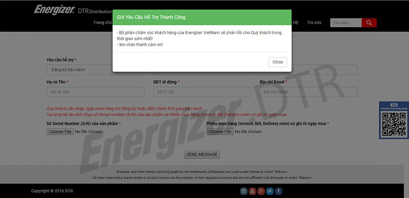 Gửi y&ecirc;u cầu x&aacute;c nhận th&agrave;nh c&ocirc;ng