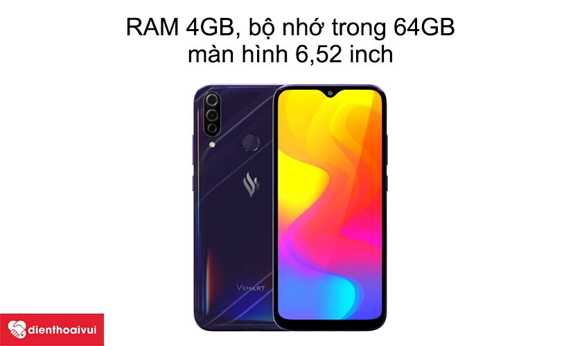 Vsmart Joy 3 được trang bị bộ nhớ trong 64GB, m&agrave;n h&igrave;nh 6,52 inch
