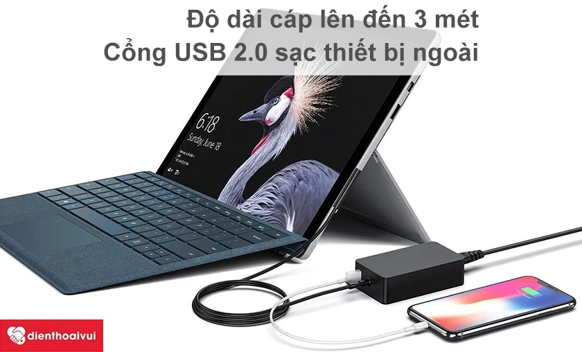 Độ dài cáp lên đến 3m, tích hợp cổng USB ngay trên Adapter