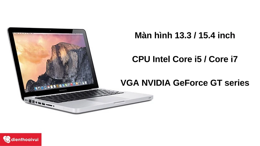Macbook Pro 2012 có thi&ecirc;́t k&ecirc;́ nh&ocirc;m nguy&ecirc;n kh&ocirc;́i màu bạc sang trọng với bàn phím backlit và trackpad thao tác đa chạm. Máy có màn hình Retina với hai kích cỡ 13.3 inch hoặc 15.4 inch cùng webcam FaceTime HD phục vụ nhu c&acirc;̀u video call.