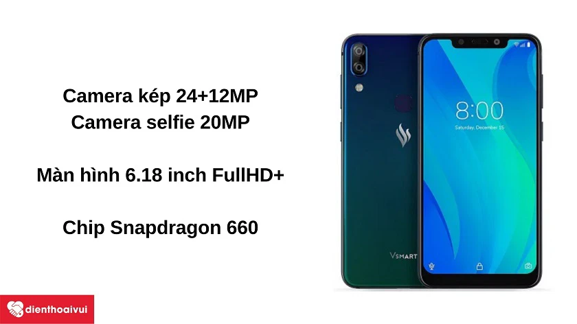 Điện thoại Vsmart Active 1 Plus - Camera kép 24+12MP, màn hình 6.18 inch FullHD+, chip Snapdragon 660