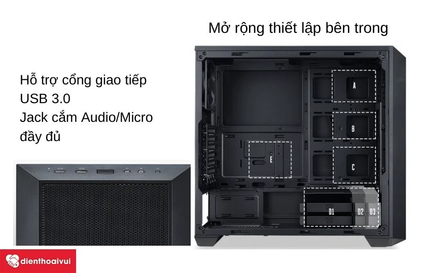 Case Cooler Master MasterBox 5 Black Window c&oacute; thiết kế rộng r&atilde;i b&ecirc;n trong, nhiều cổng kết nối