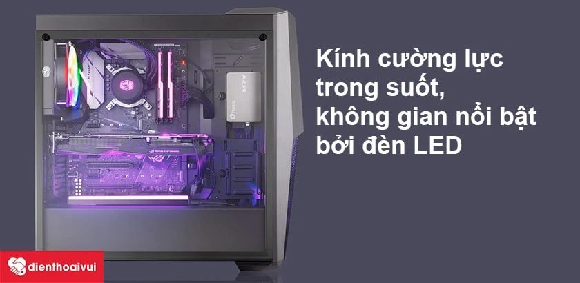 Case Cooler Master MasterBox MB500 trang bị j&iacute;nh cường lực trong suốt, đ&egrave;n LED nổi bật