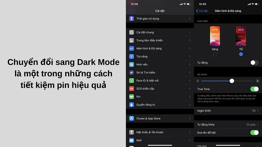 Sử dụng ch&ecirc;́ đ&ocirc;̣ t&ocirc;́i (Dark Mode) gi&uacute;p tiết kiện pin iPhone