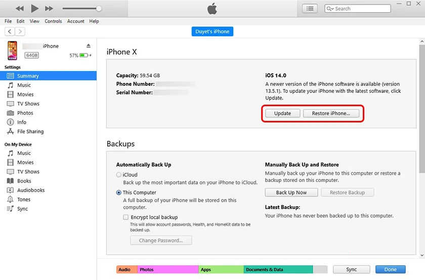 Chọn Update hoặc Restore iPhone