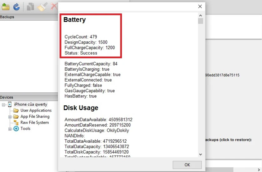 Kiểm tra độ chai pin iPhone bằng iBackup Bot
